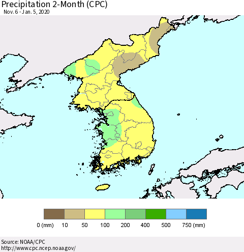 Korea Precipitation 2-Month (CPC) Thematic Map For 11/6/2019 - 1/5/2020
