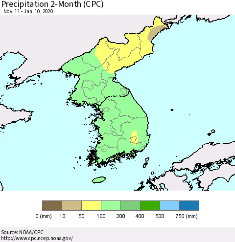 Korea Precipitation 2-Month (CPC) Thematic Map For 11/11/2019 - 1/10/2020