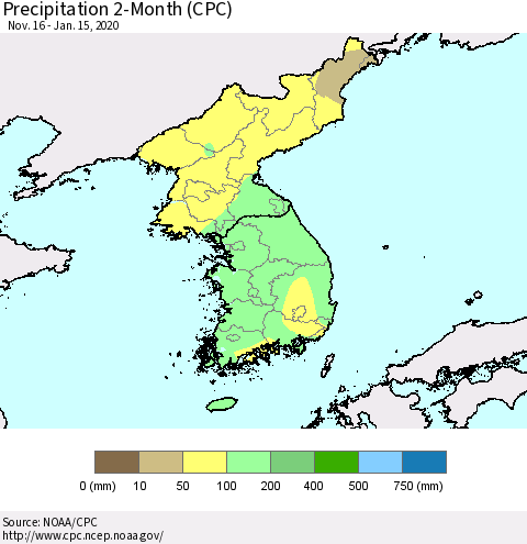 Korea Precipitation 2-Month (CPC) Thematic Map For 11/16/2019 - 1/15/2020