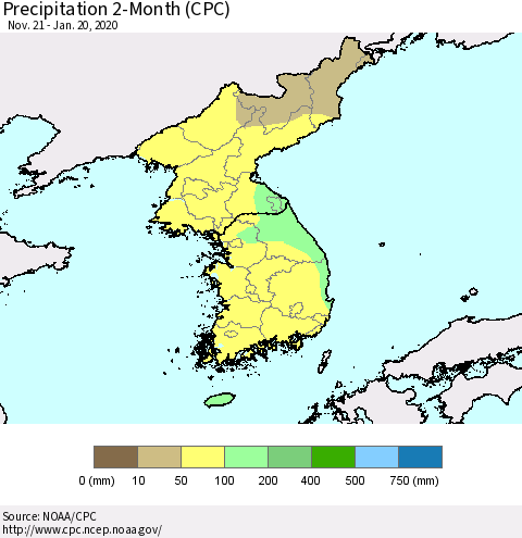 Korea Precipitation 2-Month (CPC) Thematic Map For 11/21/2019 - 1/20/2020