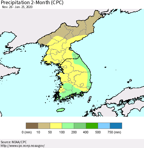 Korea Precipitation 2-Month (CPC) Thematic Map For 11/26/2019 - 1/25/2020