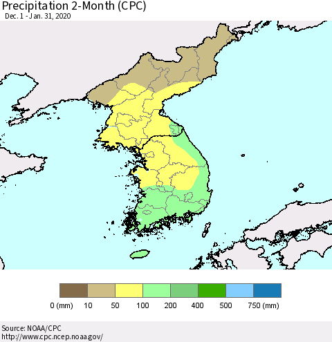 Korea Precipitation 2-Month (CPC) Thematic Map For 12/1/2019 - 1/31/2020