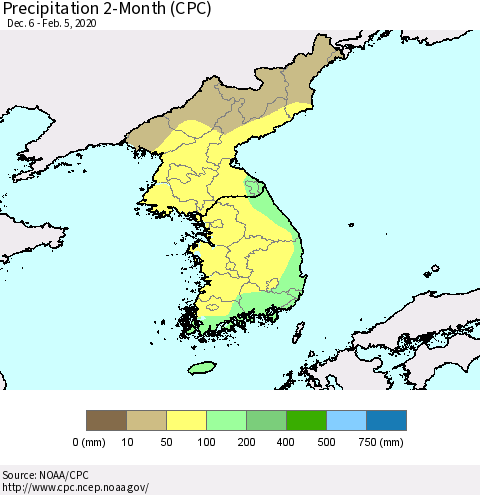 Korea Precipitation 2-Month (CPC) Thematic Map For 12/6/2019 - 2/5/2020
