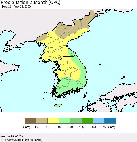 Korea Precipitation 2-Month (CPC) Thematic Map For 12/16/2019 - 2/15/2020