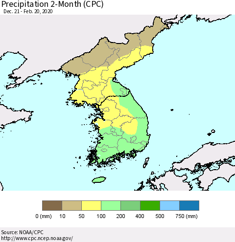 Korea Precipitation 2-Month (CPC) Thematic Map For 12/21/2019 - 2/20/2020