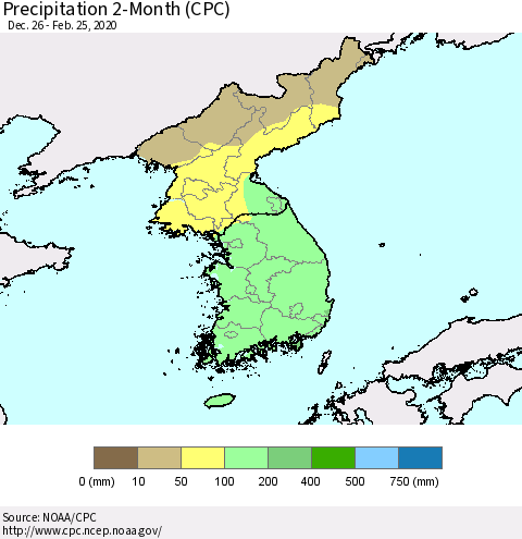 Korea Precipitation 2-Month (CPC) Thematic Map For 12/26/2019 - 2/25/2020