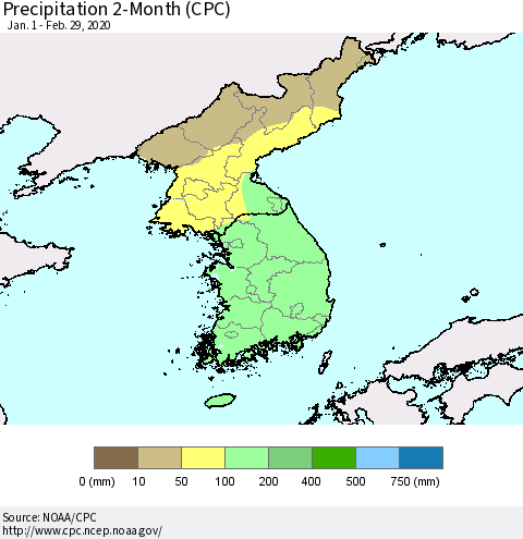 Korea Precipitation 2-Month (CPC) Thematic Map For 1/1/2020 - 2/29/2020