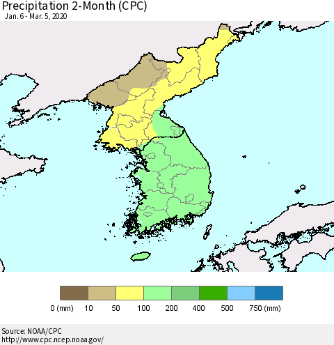 Korea Precipitation 2-Month (CPC) Thematic Map For 1/6/2020 - 3/5/2020