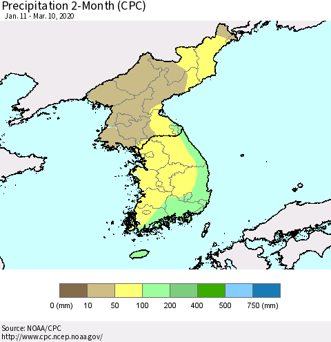 Korea Precipitation 2-Month (CPC) Thematic Map For 1/11/2020 - 3/10/2020