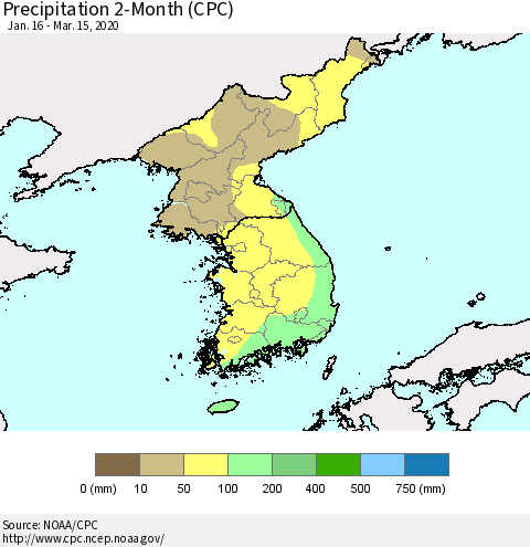 Korea Precipitation 2-Month (CPC) Thematic Map For 1/16/2020 - 3/15/2020