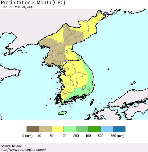 Korea Precipitation 2-Month (CPC) Thematic Map For 1/21/2020 - 3/20/2020