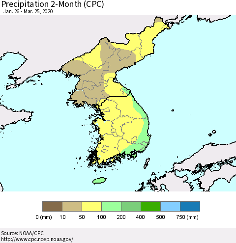 Korea Precipitation 2-Month (CPC) Thematic Map For 1/26/2020 - 3/25/2020