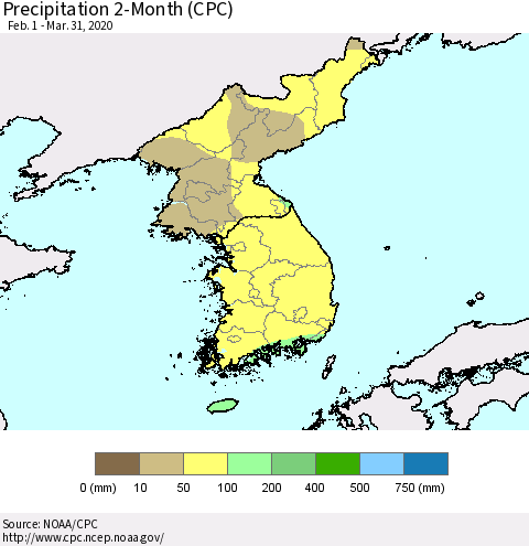 Korea Precipitation 2-Month (CPC) Thematic Map For 2/1/2020 - 3/31/2020
