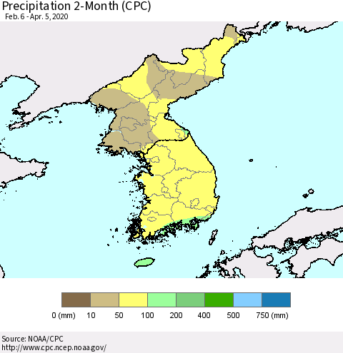 Korea Precipitation 2-Month (CPC) Thematic Map For 2/6/2020 - 4/5/2020