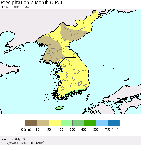 Korea Precipitation 2-Month (CPC) Thematic Map For 2/11/2020 - 4/10/2020