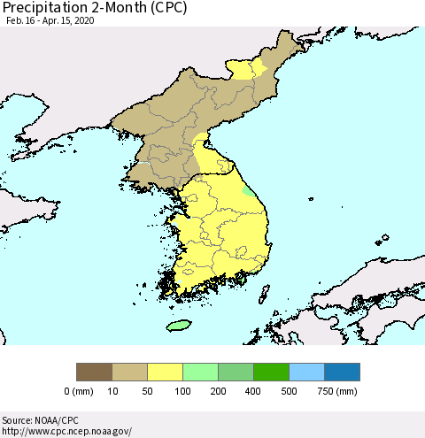 Korea Precipitation 2-Month (CPC) Thematic Map For 2/16/2020 - 4/15/2020