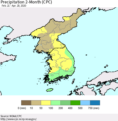 Korea Precipitation 2-Month (CPC) Thematic Map For 2/21/2020 - 4/20/2020