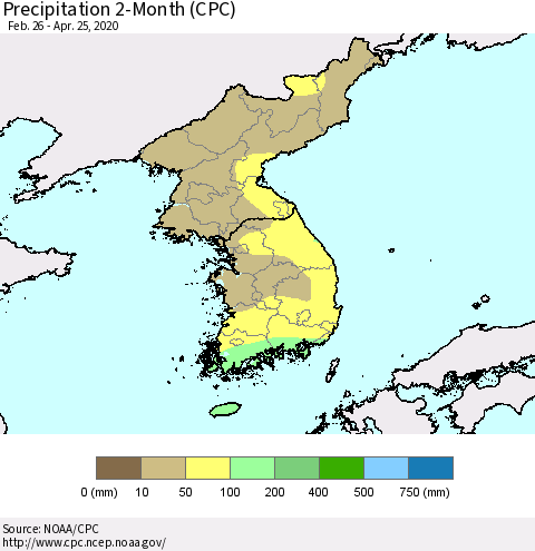 Korea Precipitation 2-Month (CPC) Thematic Map For 2/26/2020 - 4/25/2020