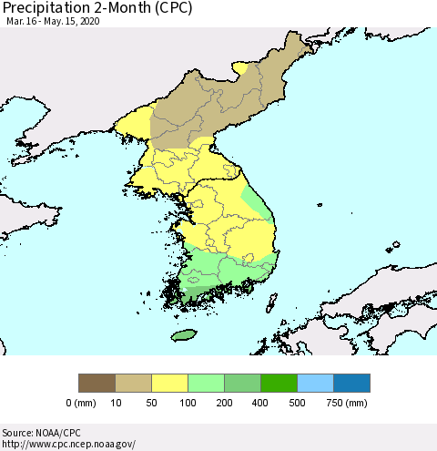 Korea Precipitation 2-Month (CPC) Thematic Map For 3/16/2020 - 5/15/2020