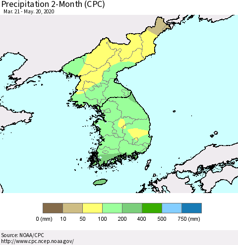 Korea Precipitation 2-Month (CPC) Thematic Map For 3/21/2020 - 5/20/2020