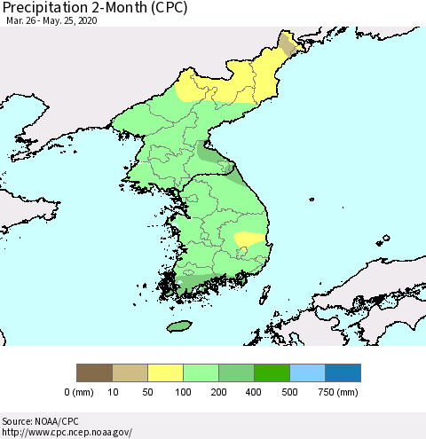 Korea Precipitation 2-Month (CPC) Thematic Map For 3/26/2020 - 5/25/2020