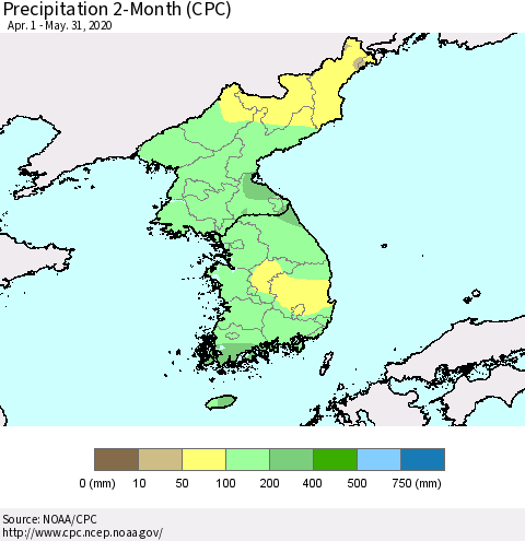 Korea Precipitation 2-Month (CPC) Thematic Map For 4/1/2020 - 5/31/2020