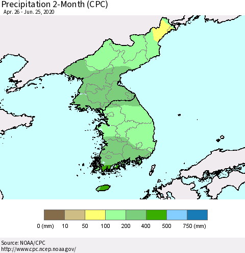 Korea Precipitation 2-Month (CPC) Thematic Map For 4/26/2020 - 6/25/2020