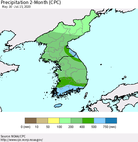 Korea Precipitation 2-Month (CPC) Thematic Map For 5/16/2020 - 7/15/2020