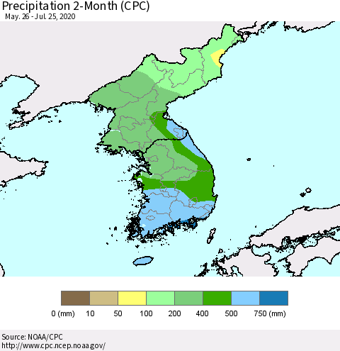 Korea Precipitation 2-Month (CPC) Thematic Map For 5/26/2020 - 7/25/2020