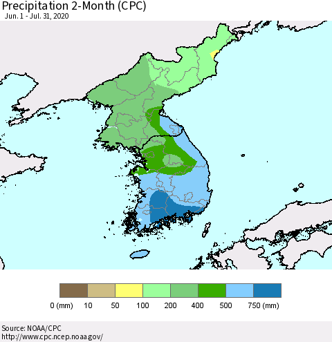 Korea Precipitation 2-Month (CPC) Thematic Map For 6/1/2020 - 7/31/2020