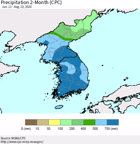Korea Precipitation 2-Month (CPC) Thematic Map For 6/11/2020 - 8/10/2020