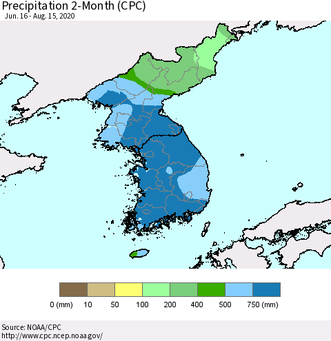 Korea Precipitation 2-Month (CPC) Thematic Map For 6/16/2020 - 8/15/2020