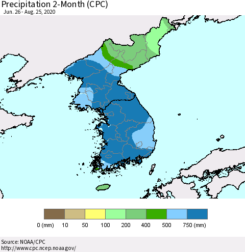 Korea Precipitation 2-Month (CPC) Thematic Map For 6/26/2020 - 8/25/2020