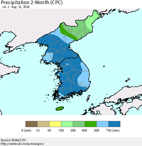 Korea Precipitation 2-Month (CPC) Thematic Map For 7/1/2020 - 8/31/2020
