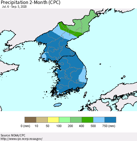 Korea Precipitation 2-Month (CPC) Thematic Map For 7/6/2020 - 9/5/2020