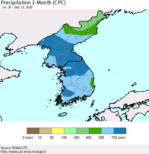 Korea Precipitation 2-Month (CPC) Thematic Map For 7/26/2020 - 9/25/2020