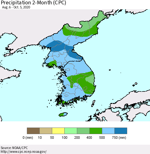 Korea Precipitation 2-Month (CPC) Thematic Map For 8/6/2020 - 10/5/2020