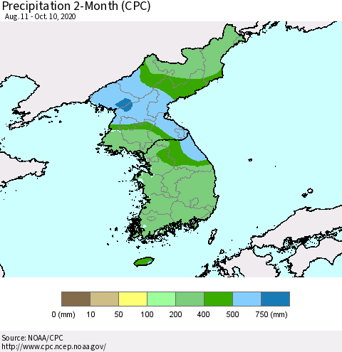 Korea Precipitation 2-Month (CPC) Thematic Map For 8/11/2020 - 10/10/2020