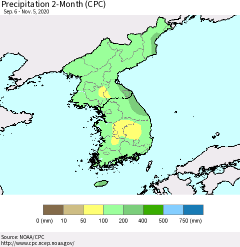 Korea Precipitation 2-Month (CPC) Thematic Map For 9/6/2020 - 11/5/2020