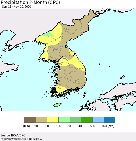 Korea Precipitation 2-Month (CPC) Thematic Map For 9/11/2020 - 11/10/2020
