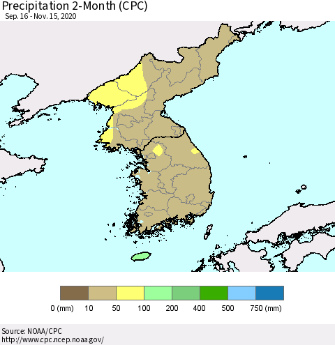 Korea Precipitation 2-Month (CPC) Thematic Map For 9/16/2020 - 11/15/2020