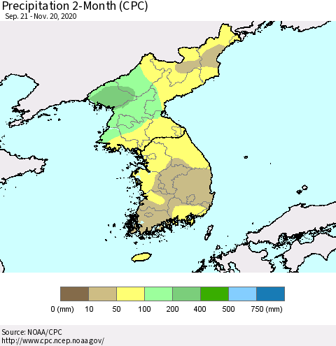 Korea Precipitation 2-Month (CPC) Thematic Map For 9/21/2020 - 11/20/2020