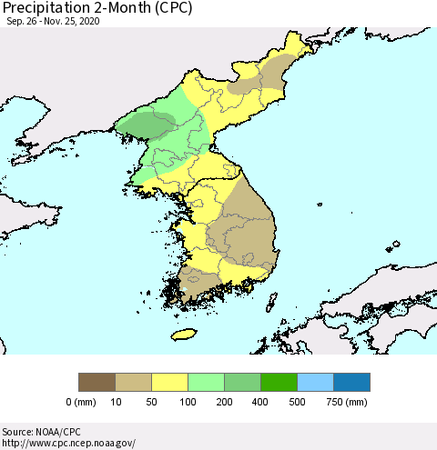 Korea Precipitation 2-Month (CPC) Thematic Map For 9/26/2020 - 11/25/2020