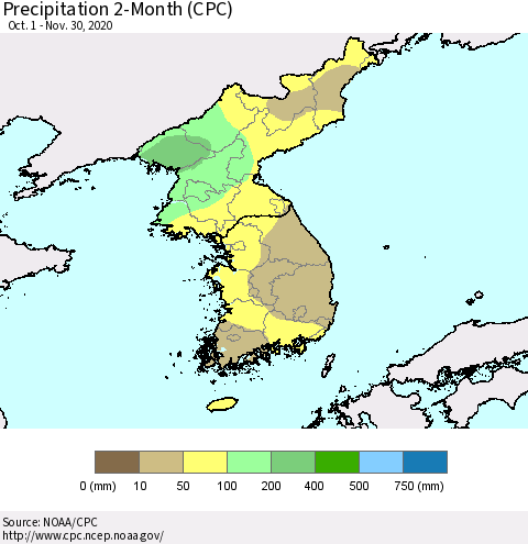 Korea Precipitation 2-Month (CPC) Thematic Map For 10/1/2020 - 11/30/2020