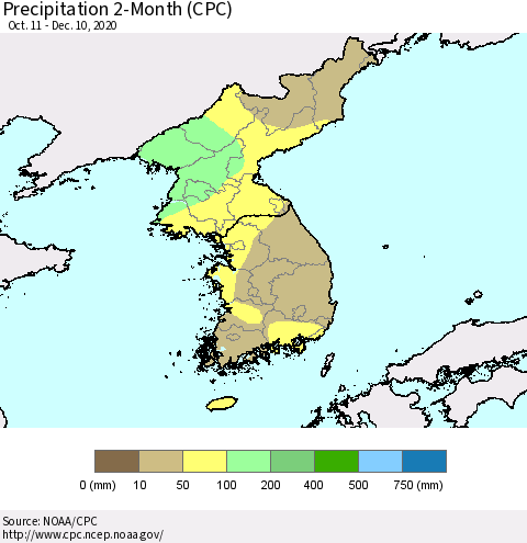 Korea Precipitation 2-Month (CPC) Thematic Map For 10/11/2020 - 12/10/2020