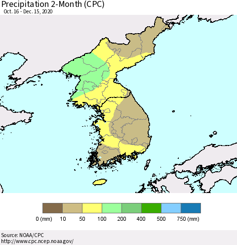 Korea Precipitation 2-Month (CPC) Thematic Map For 10/16/2020 - 12/15/2020