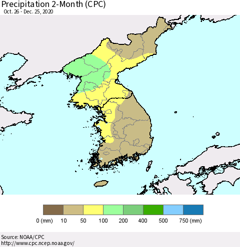Korea Precipitation 2-Month (CPC) Thematic Map For 10/26/2020 - 12/25/2020