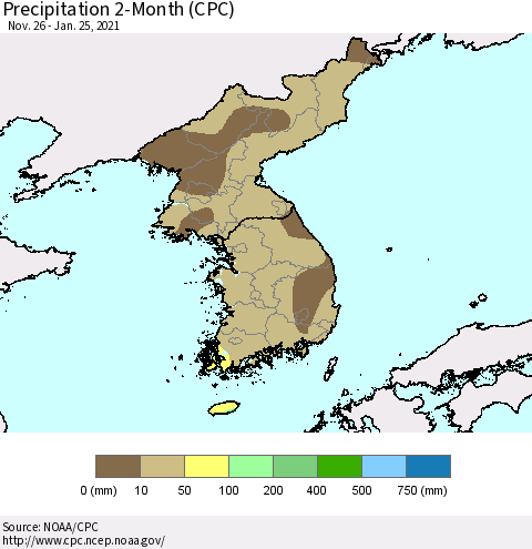 Korea Precipitation 2-Month (CPC) Thematic Map For 11/26/2020 - 1/25/2021