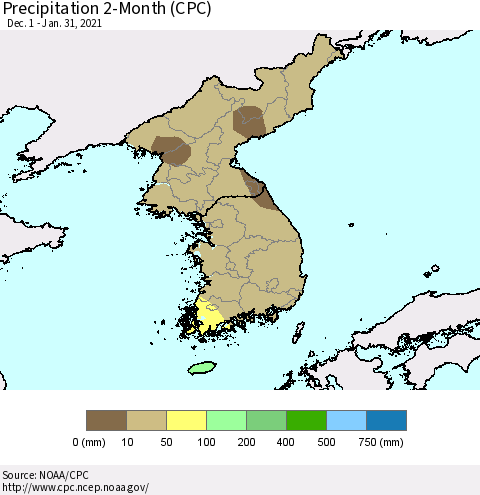 Korea Precipitation 2-Month (CPC) Thematic Map For 12/1/2020 - 1/31/2021