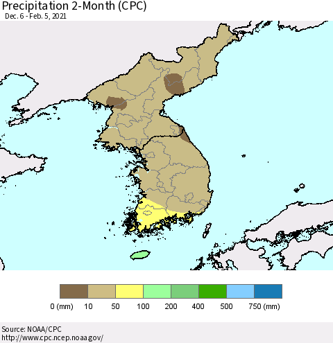 Korea Precipitation 2-Month (CPC) Thematic Map For 12/6/2020 - 2/5/2021